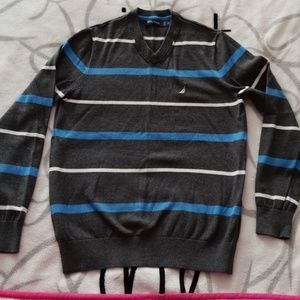 Nautica gray sweater w/ blue and white stripes